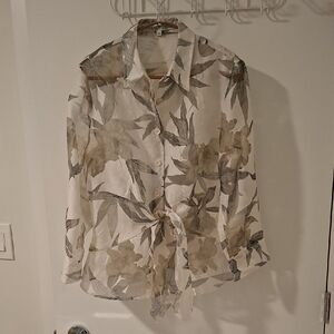 Cream & Taupe Robert Kitchen Sheer/Gauzey Floral Tie-Front Blouse (Size M)